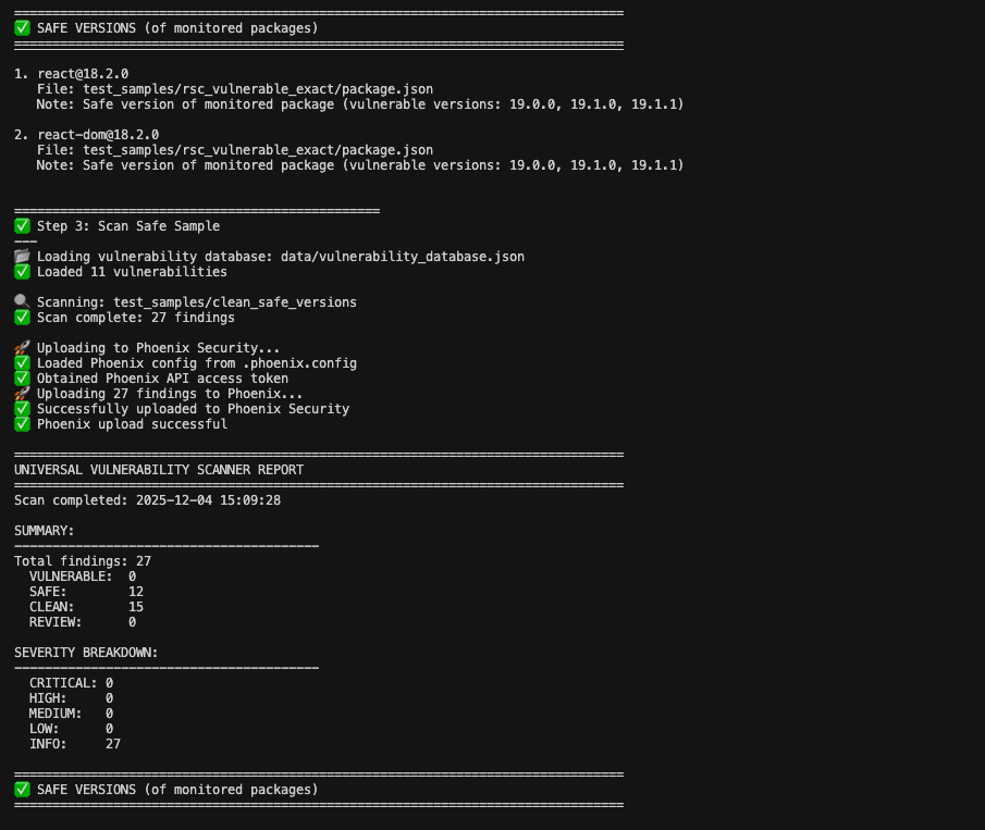 Phoenix Security Scanner, npm security, npm vulnerability, npm ecosystem, CVE-2025-55182, CVE-2025-66478, React security, Next.js security, React Server Components, RSC security, React Flight protocol, Flight protocol vulnerability, unauthenticated RCE, remote code execution, critical RCE, CVSS 10, supply chain security, open source security, JavaScript security, Node.js security, web application security, dependency risk, vulnerability management, patch management, incident response, security advisory